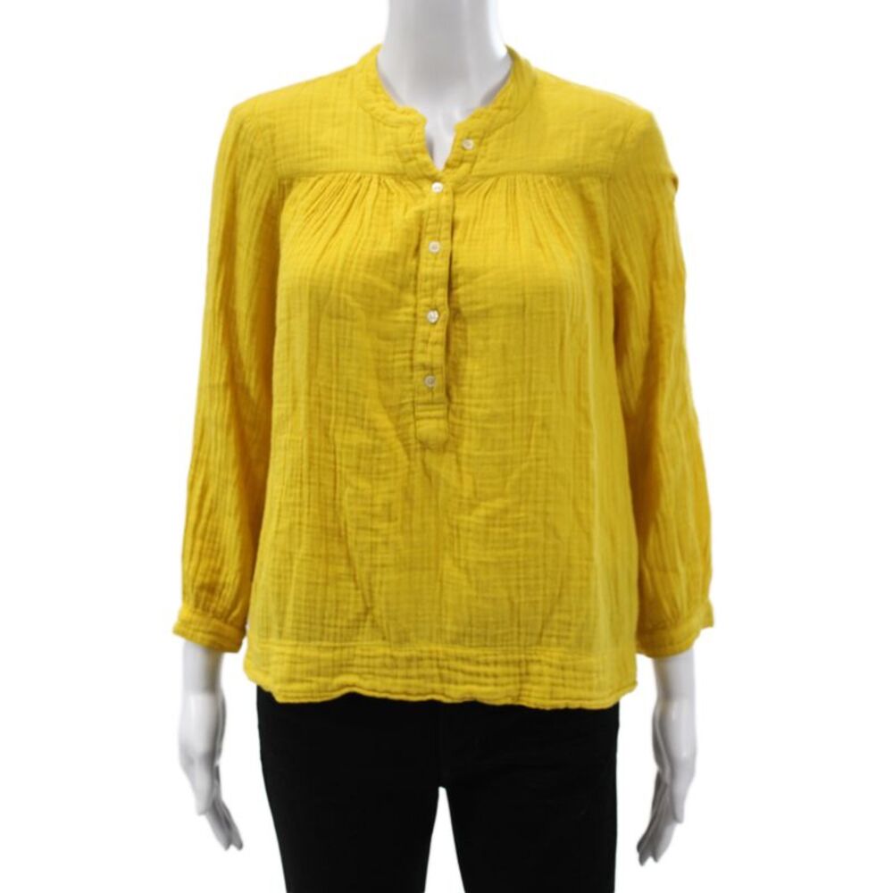 Xirena Women Tunic Blouse Yellow 3/4 Sleeve Button Cotton Boho Size XS